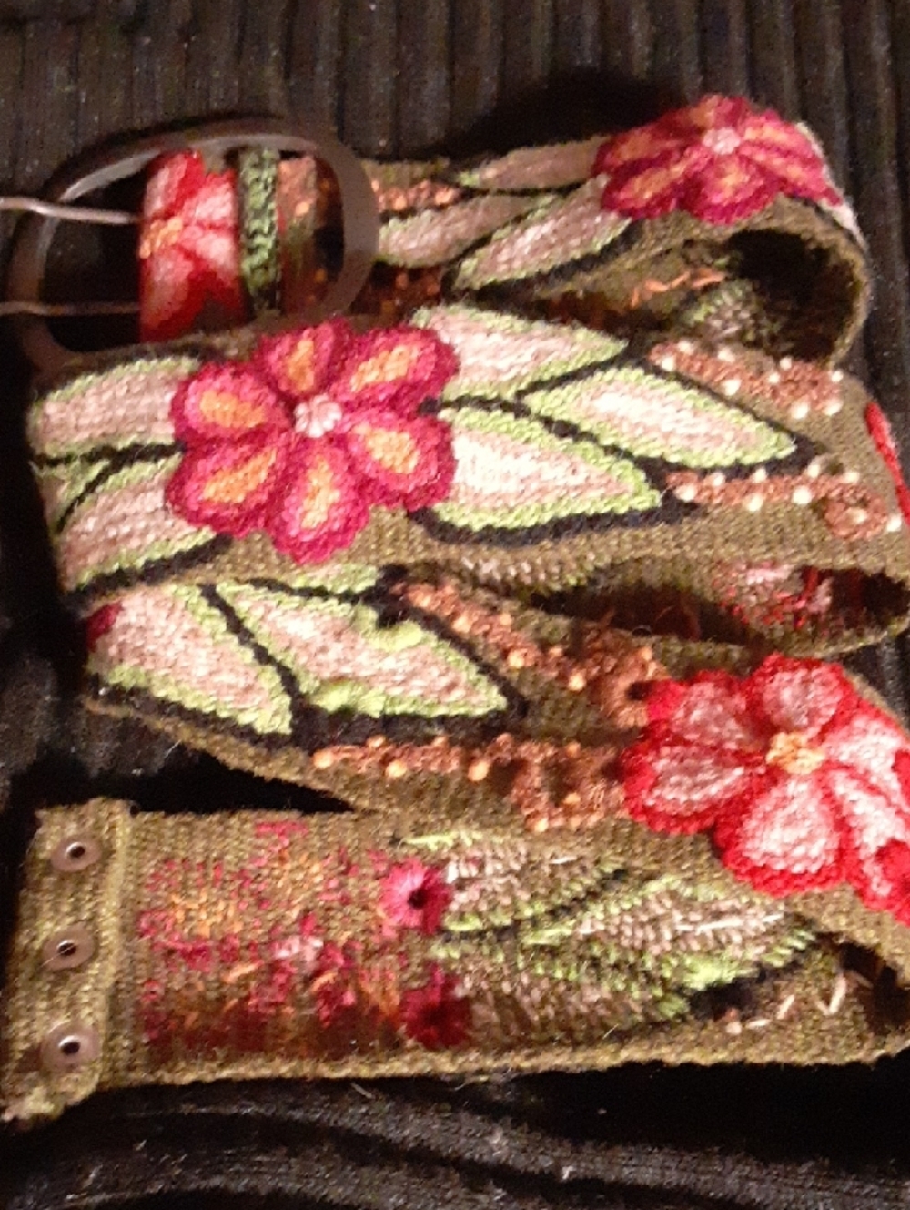 Floral Embroidered Women’s Belt - Olive Green with Pink Flowers 39" Full Length